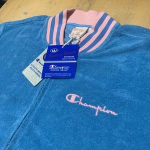 Champion French Terry (towel) full-zip short sleeve top. -Large Blue/Pink